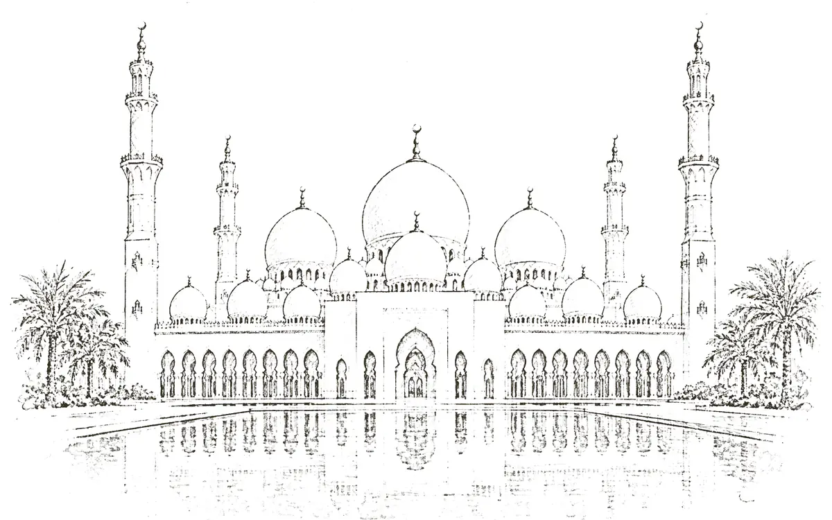 Abu Dhabi: pencil sketch of the Sheikh Zayed Grand Mosque from the front, with its reflecting pools
