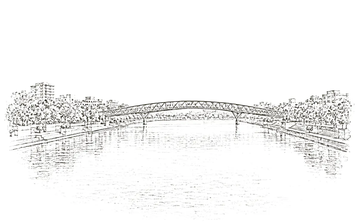 Ahmedabad: pencil sketch of the Sabarmati Riverfront with the Atal Bridge
