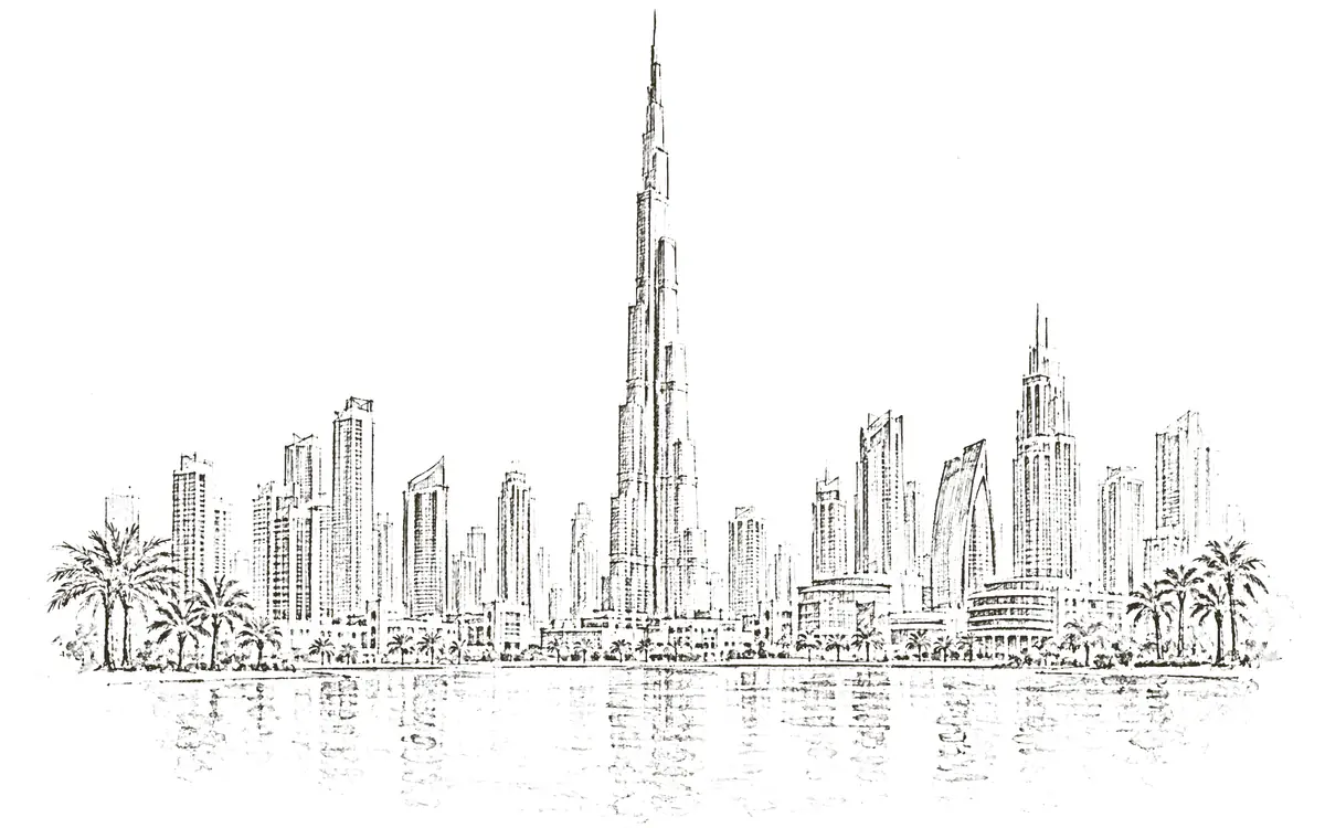 Dubai: pencil sketch of Burj Khalifa and the Downtown skyline