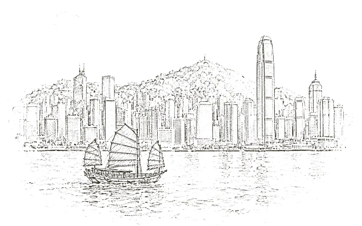 Hong Kong: pencil sketch of the Victoria Harbour skyline with a junk boat