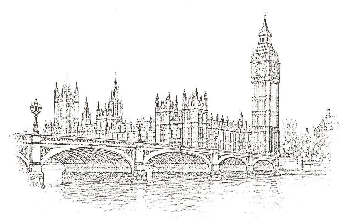 London: pencil sketch of Big Ben and Westminster Bridge