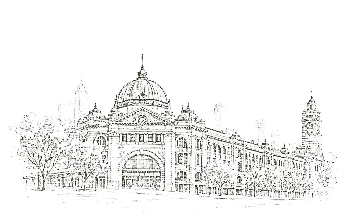 Melbourne: pencil sketch of Flinders Street Station