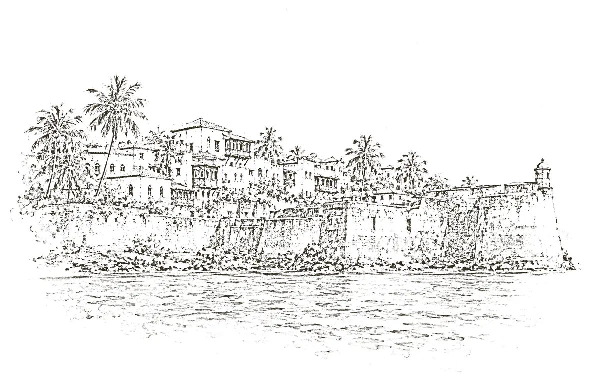 Mombasa: pencil sketch of Fort Jesus and the Old Town