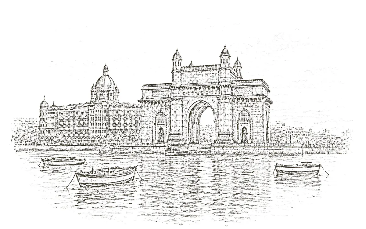 Mumbai: pencil sketch of the Gateway of India with the Taj Mahal Palace hotel behind it and boats on the water