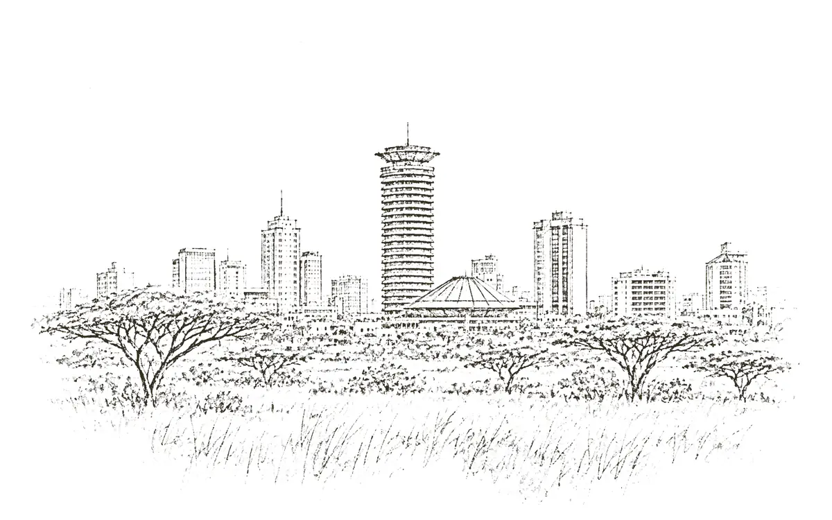 Nairobi: pencil sketch of the KICC and the skyline with acacia trees
