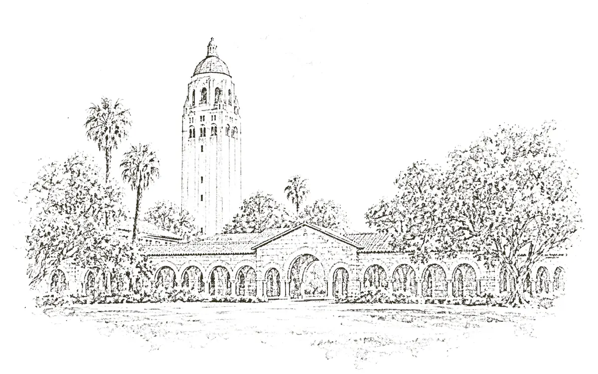 Palo Alto: pencil sketch of Stanford's Hoover Tower and the Main Quad arches
