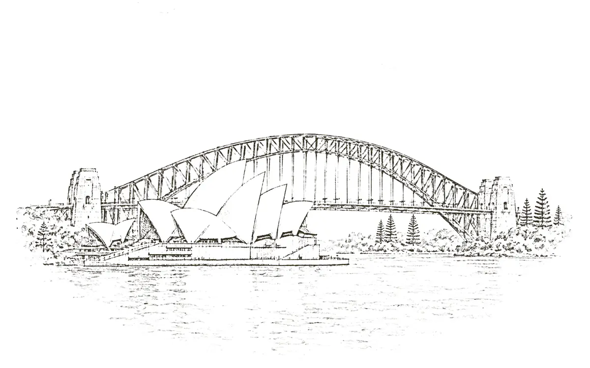 Sydney: pencil sketch of the Opera House and Harbour Bridge