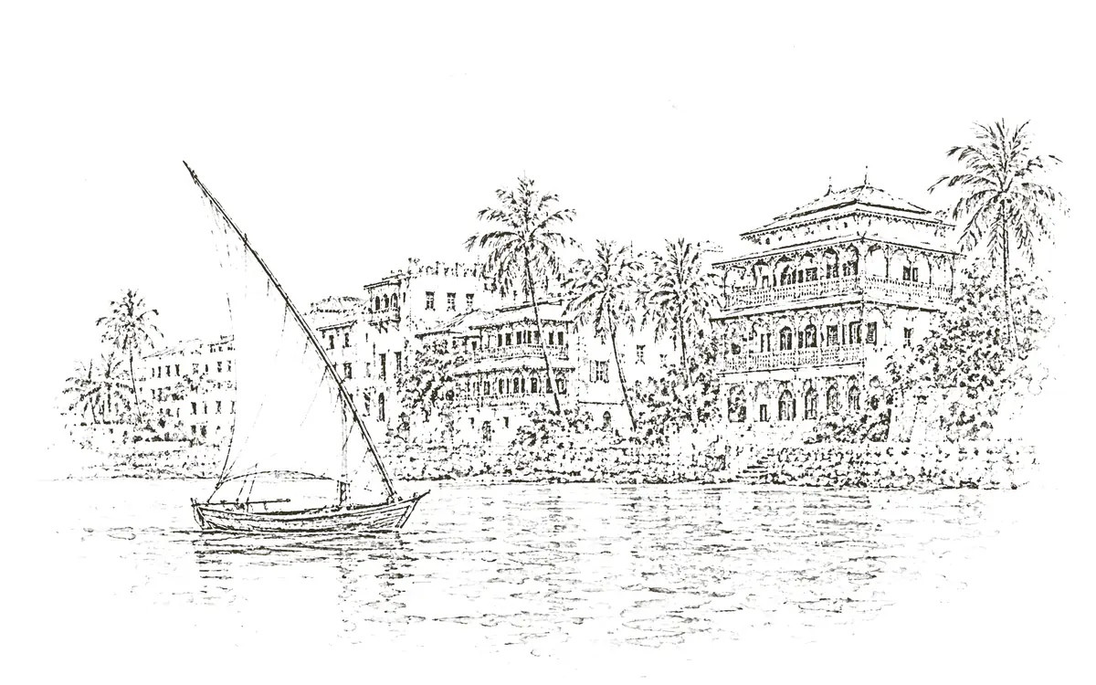 Zanzibar: pencil sketch of the Stone Town waterfront with a dhow