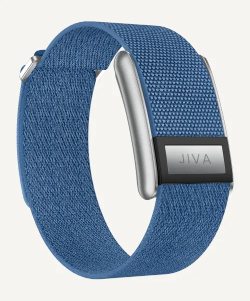 The Jiva band in Cobalt, with the engraved ECG plate on its alloy frame