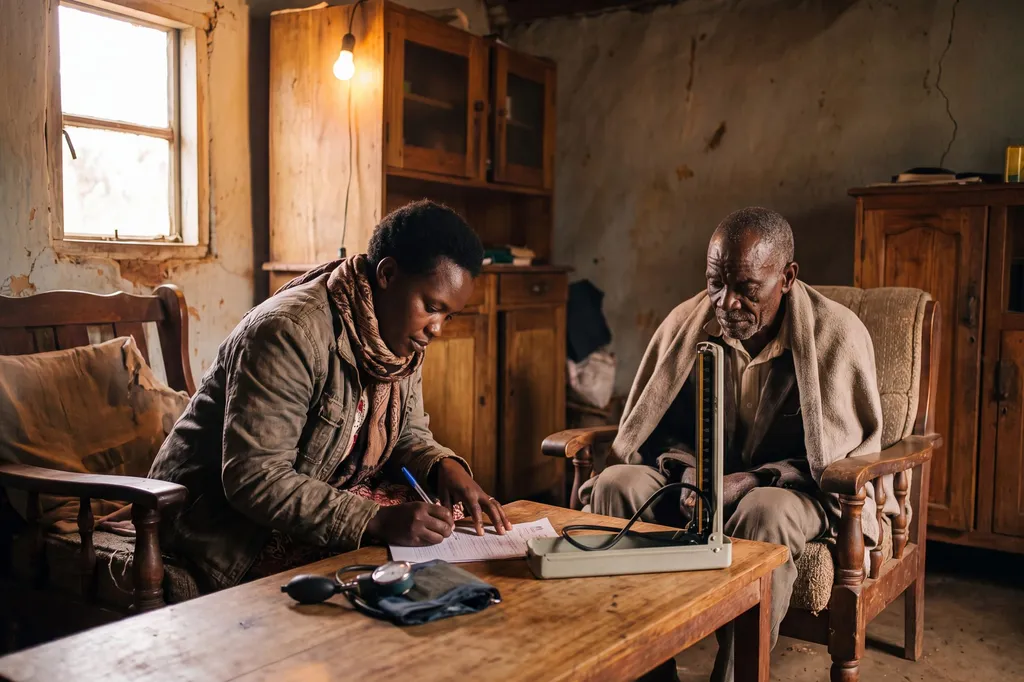 A health worker taking a blood pressure reading at home, writing on paper.