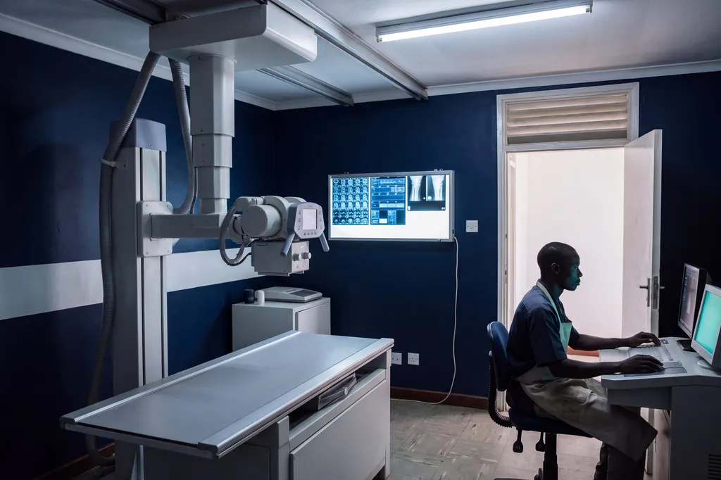A refitted X-ray room with scan images on a screen.
