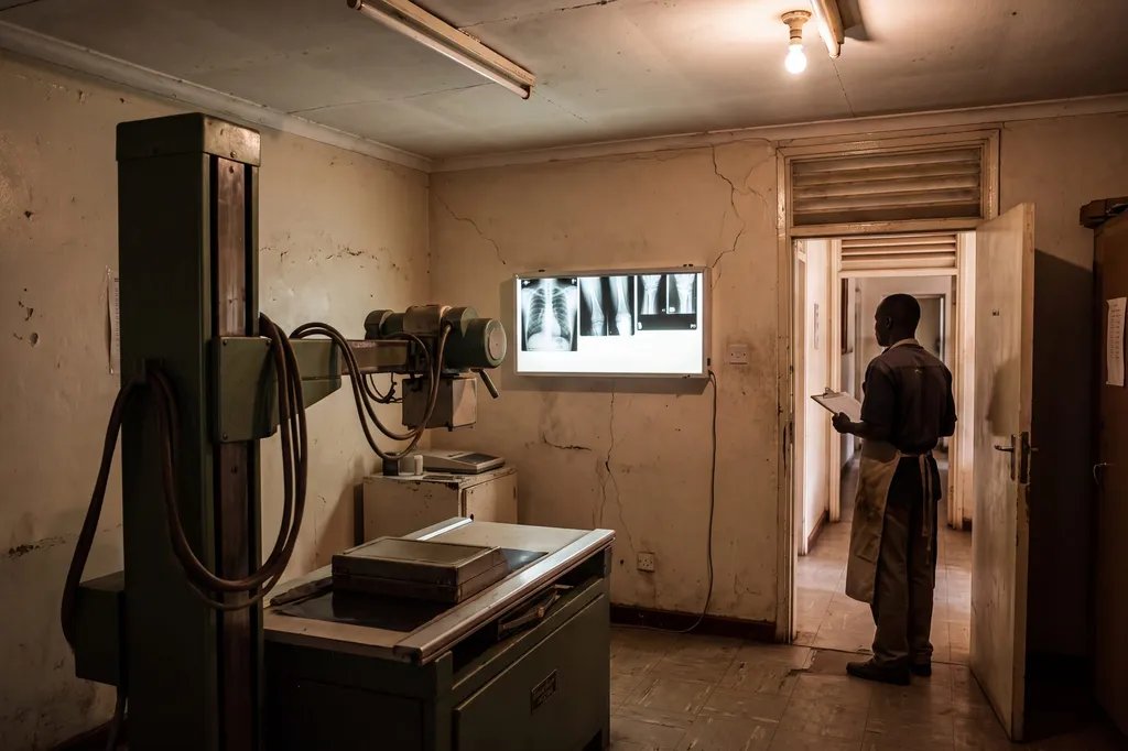 An older X-ray room, with a radiographer at a lightbox.