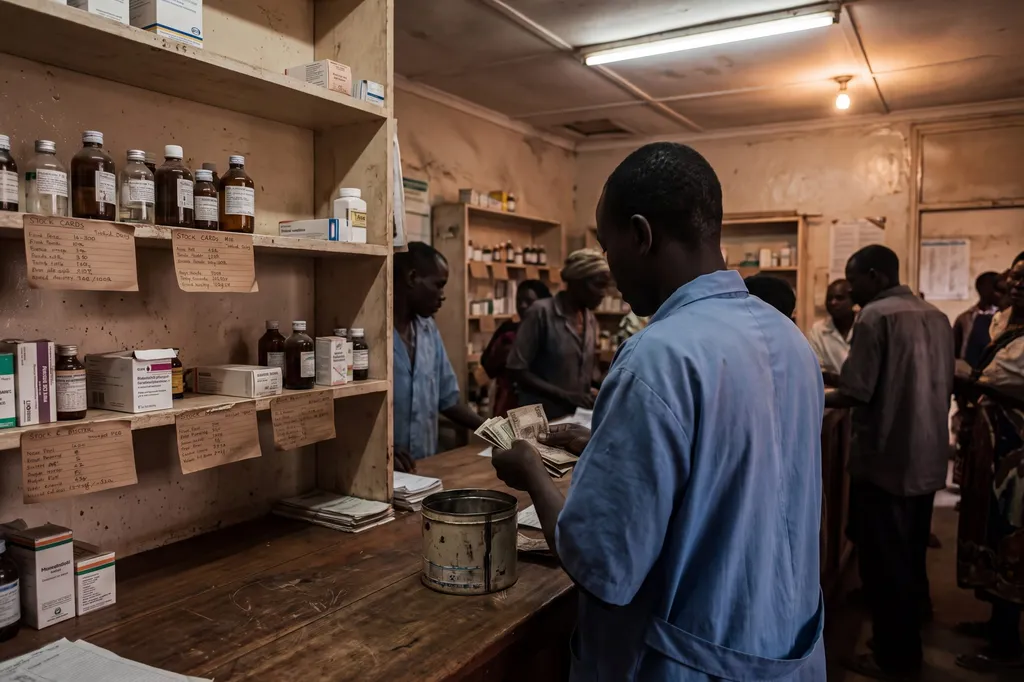 A pharmacist at shelves tracked with handwritten stock cards.
