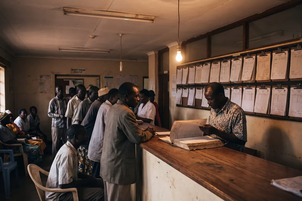 A queue at a records counter, with patients holding paper clipboards.