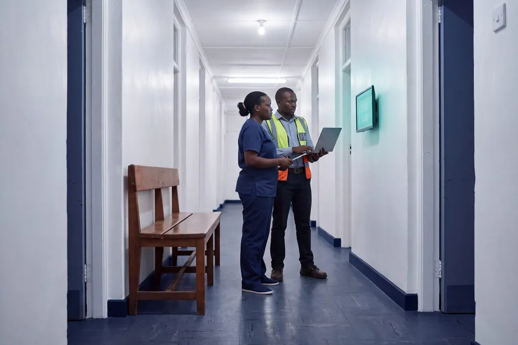 A nurse and an engineer with a laptop beside a wall screen.