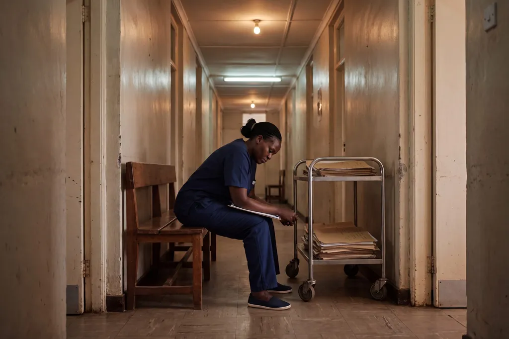 A nurse in a dim corridor beside a trolley of paper files.