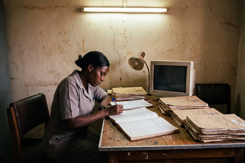 A clerk writing in paper ledgers beside an old computer monitor.